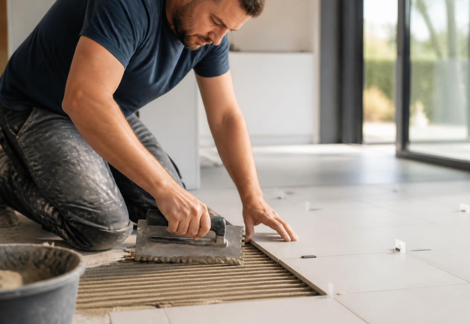 Carreleur posant un carrelage grand format sur le sol d'une pièce de vie