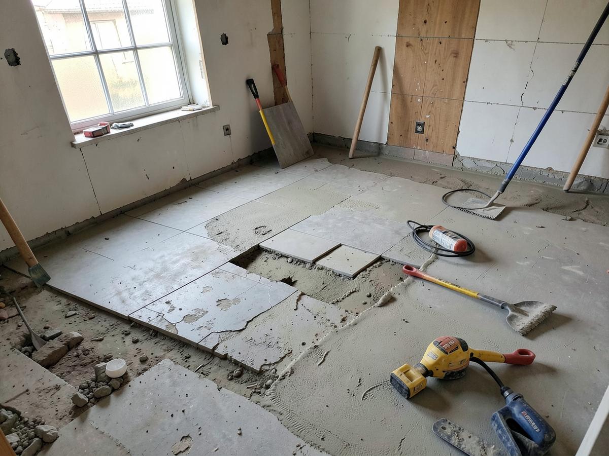 Chantier de rénovation avec dépose d'un ancien carrelage et préparation du support
