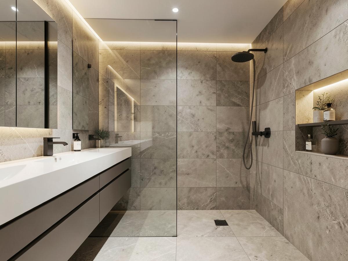 Salle de bain contemporaine entièrement carrelée avec douche à l'italienne