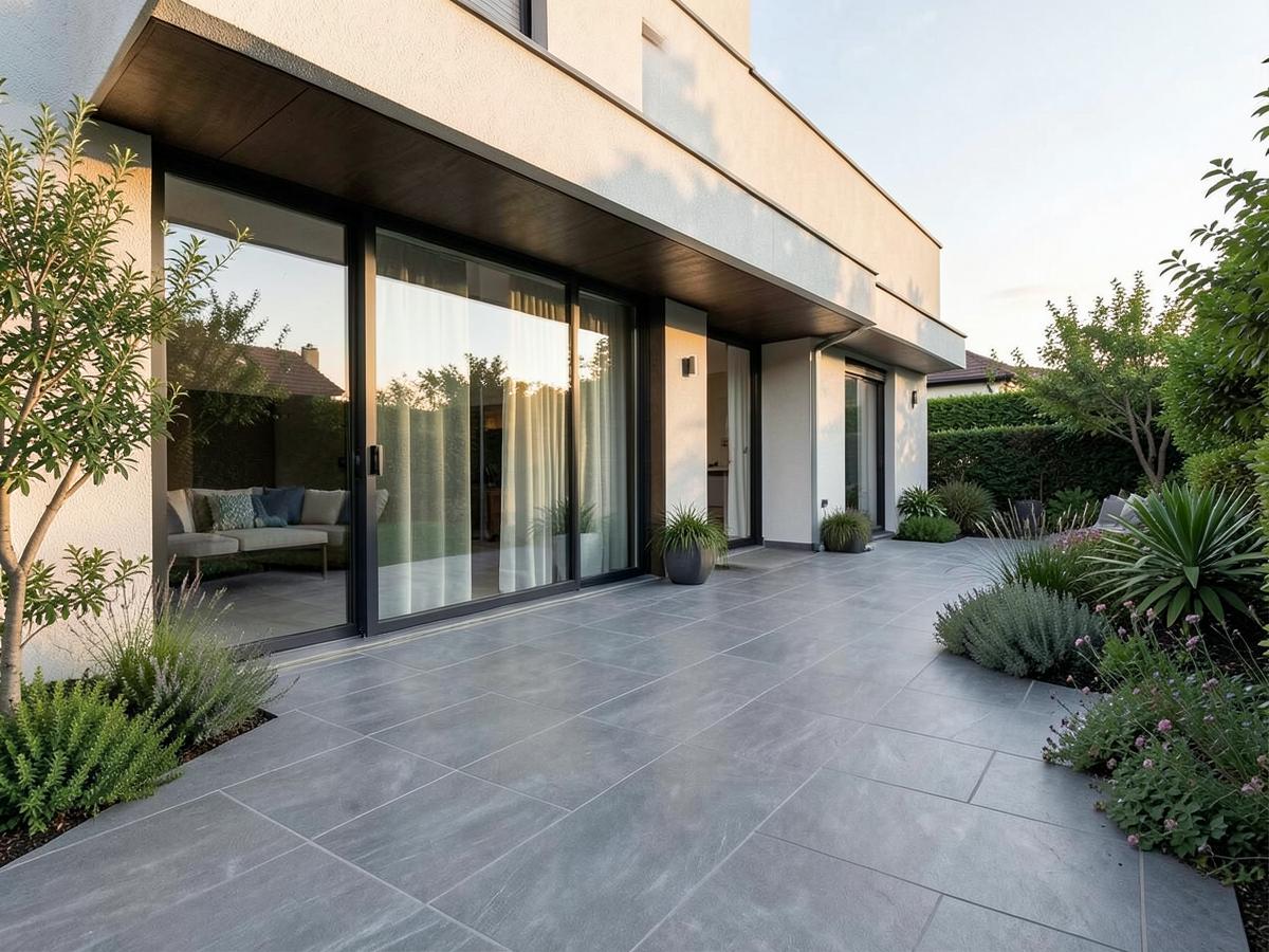 Terrasse extérieure carrelée en grès cérame gris devant une maison contemporaine